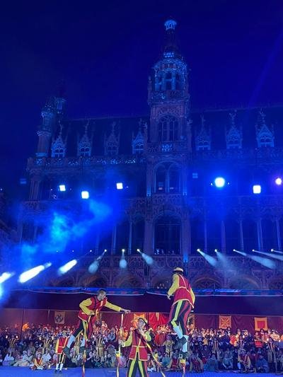 Steltengevecht voor het stadhuis in blauw licht
